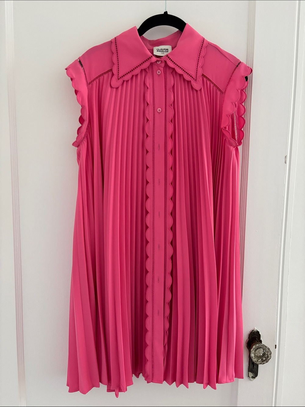 Claudie Pierlot Fabulous Hot Pink Pleated Scallop-Trim Sleeveless Dress